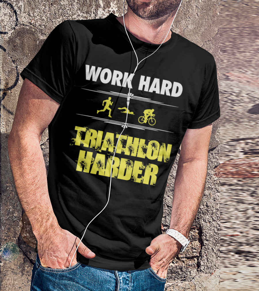 Work Hard Triathlon Harder Running Swimming Cycling Icons T-Shirt