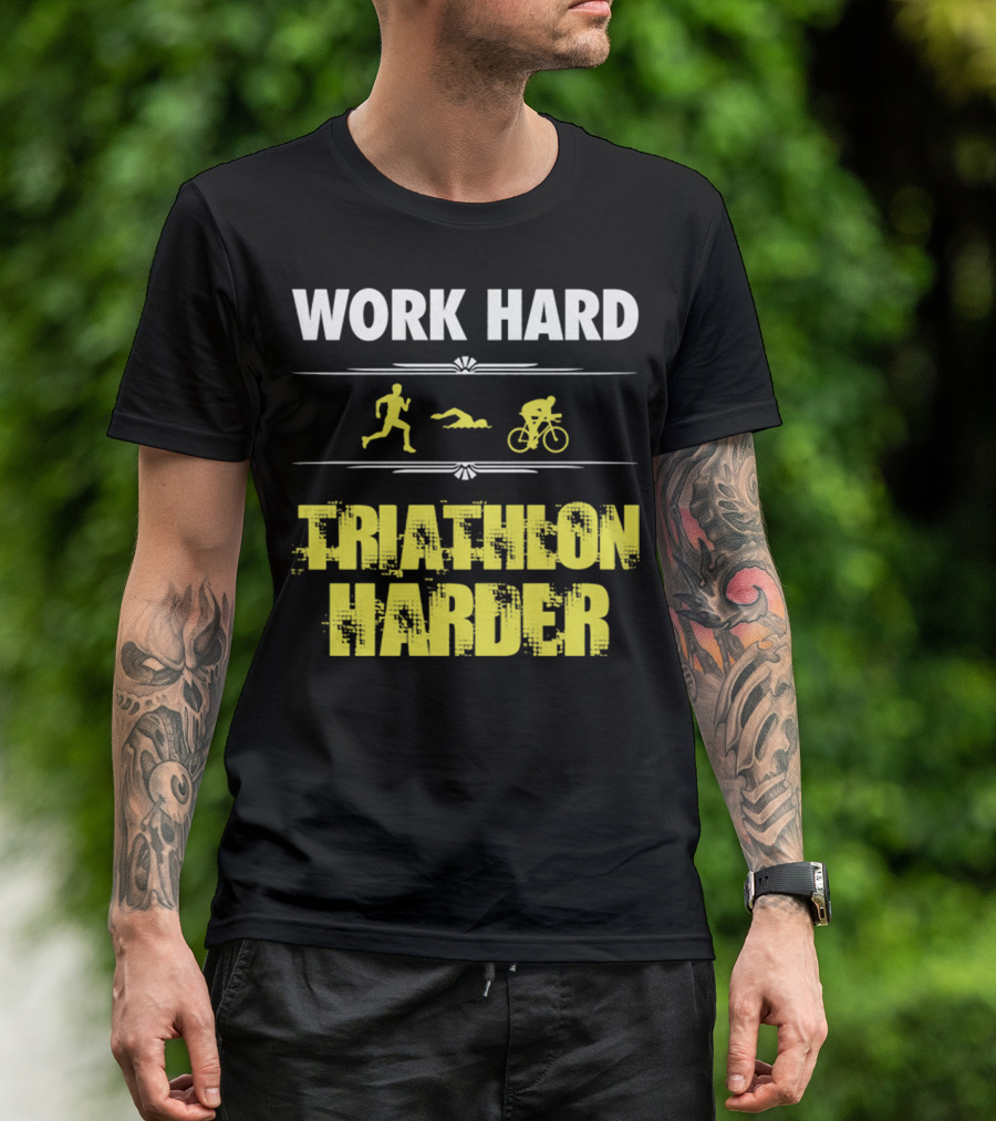 Work Hard Triathlon Harder Running Swimming Cycling Icons T-Shirt