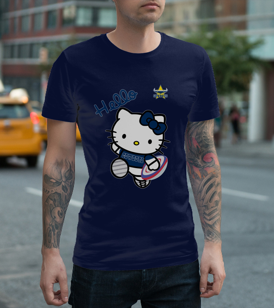 Hello Kitty North Queensland Cowboys Crossover With Rugby Ball T-Shirt