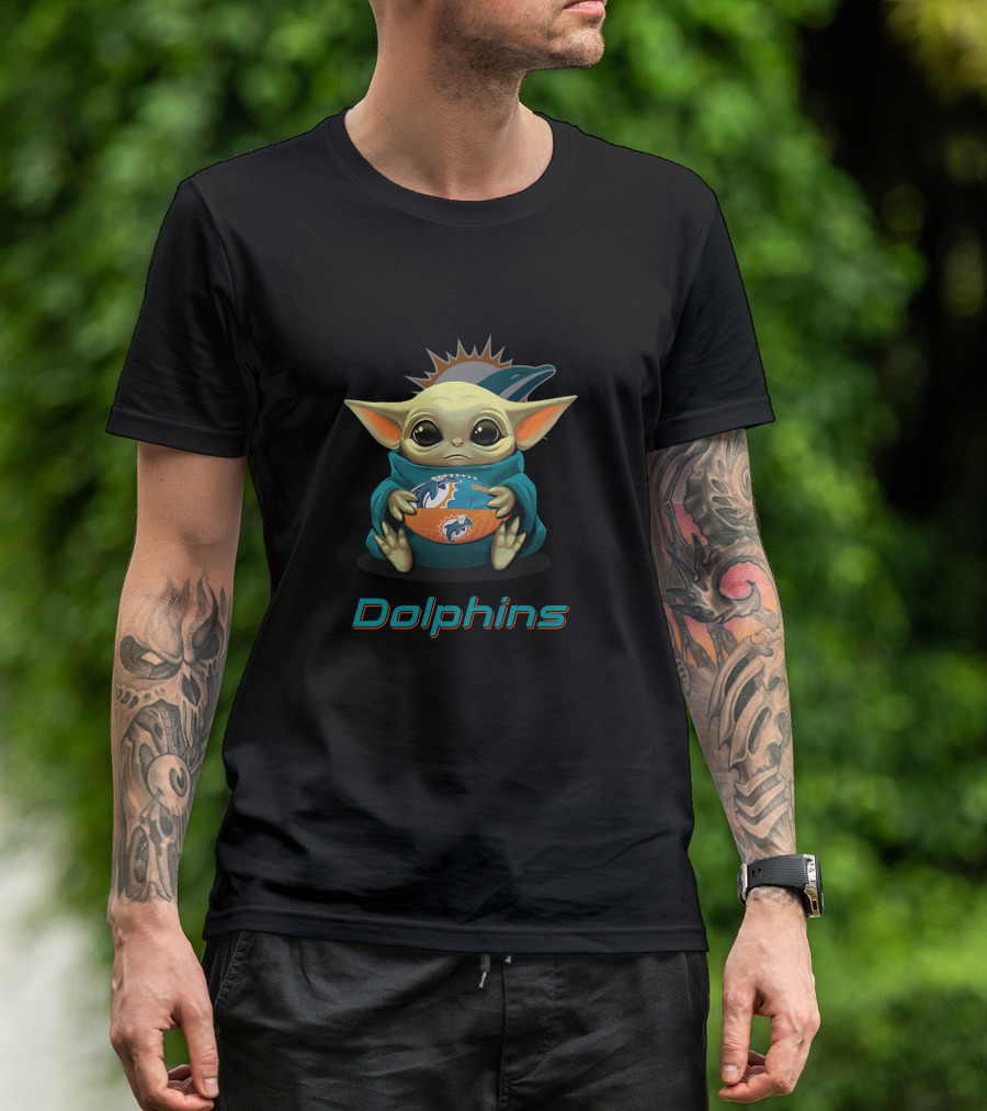 Miami Dolphins Baby Yoda Holding Dolphins Football T-Shirt