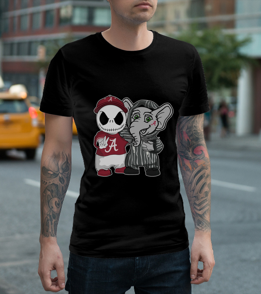 Alabama Crimson Tide Jack Skellington with Elephant in Striped T-Shirt