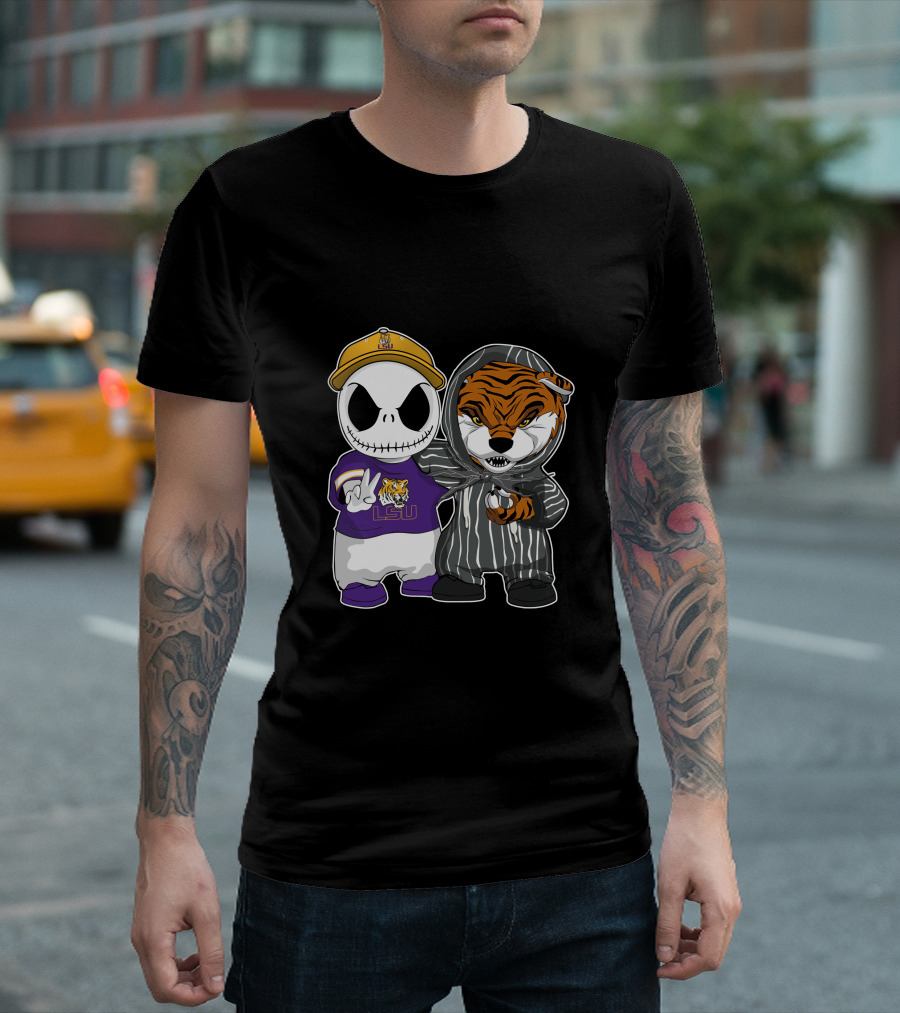 LSU Tigers Jack Skellington And Tiger Mascot Crossover T-Shirt