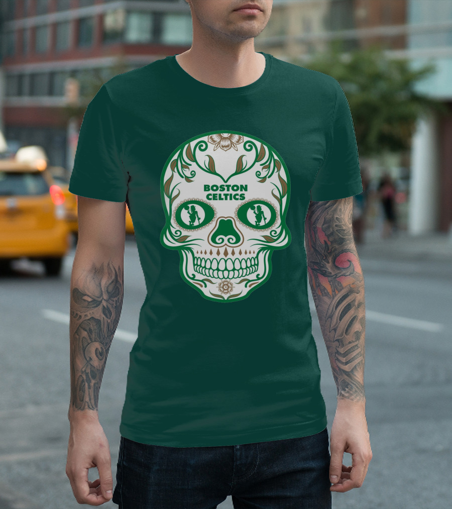 Boston Celtics Skull with Celtic Symbols and Basketball Mascot T-Shirt