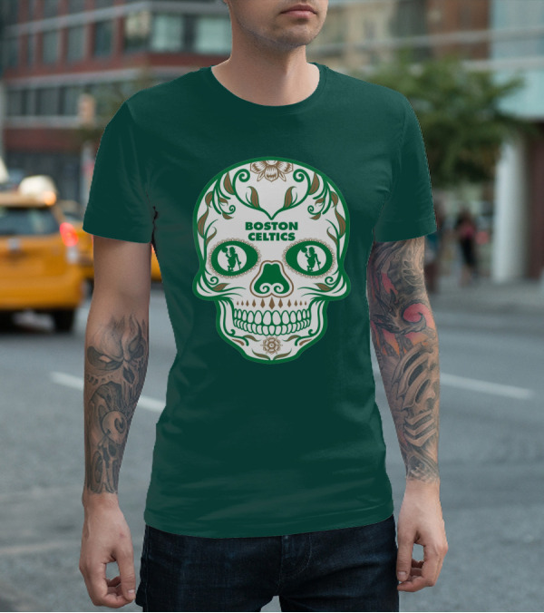 Boston Celtics Skull With Celtic Symbols And Basketball Mascot T-Shirt