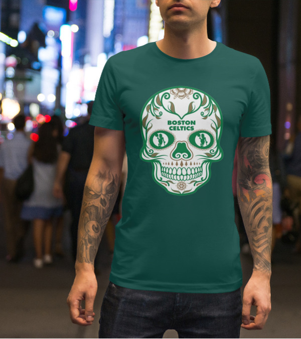 Boston Celtics Skull With Celtic Symbols And Basketball Mascot T-Shirt