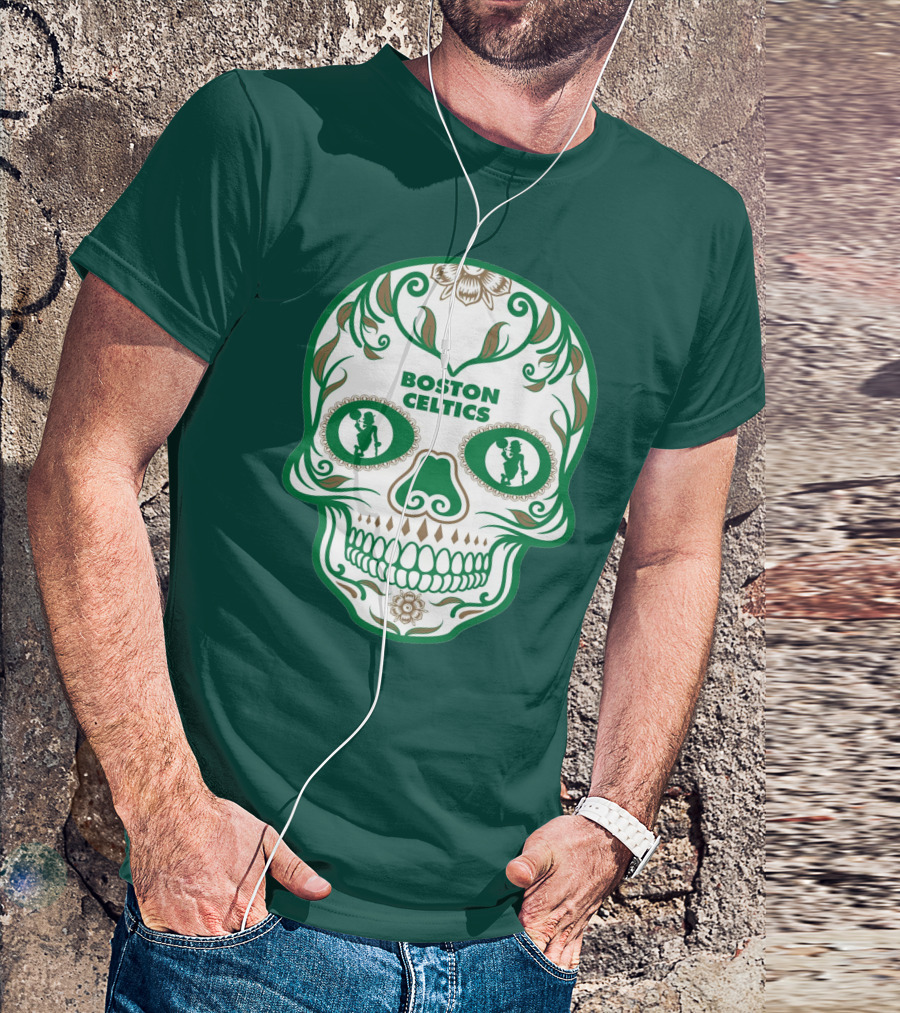 Boston Celtics Skull With Celtic Symbols And Basketball Mascot T-Shirt