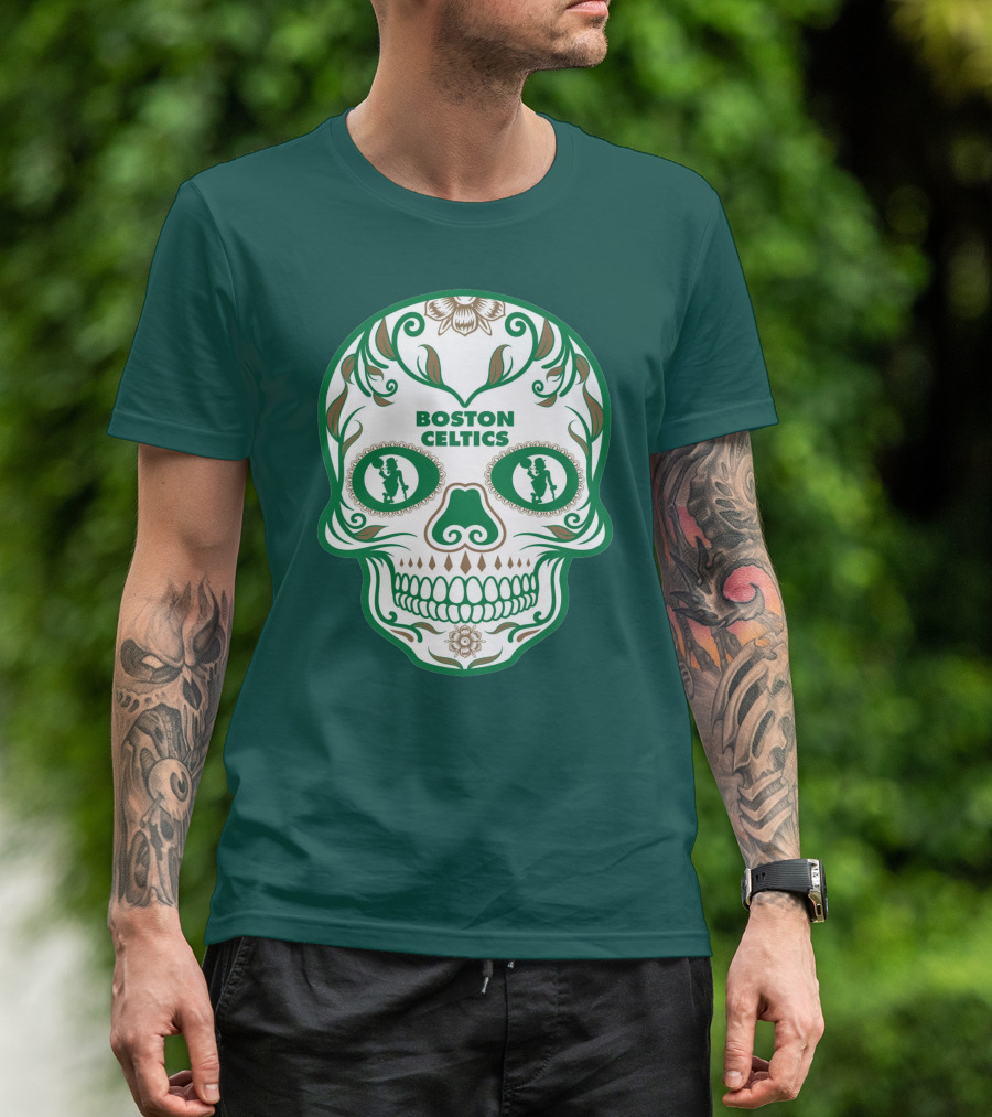 Boston Celtics Skull With Celtic Symbols And Basketball Mascot T-Shirt