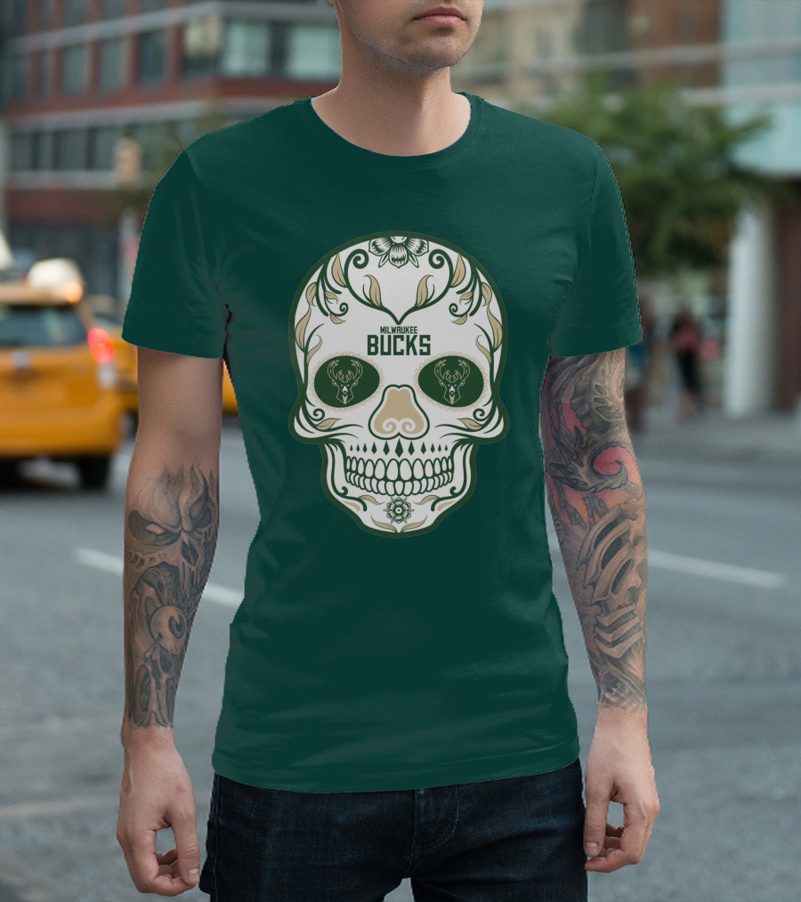 Milwaukee Bucks Skull Deer Logo Floral T-Shirt