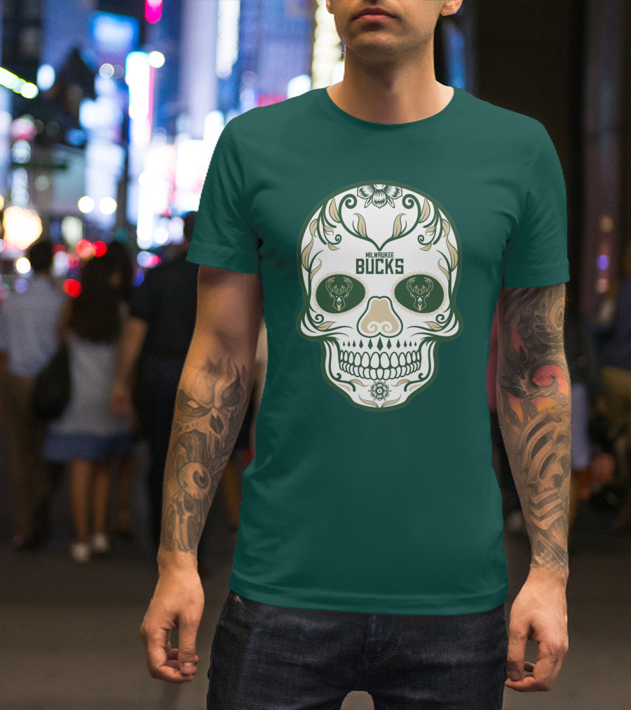 Milwaukee Bucks Skull Deer Logo Floral T-Shirt