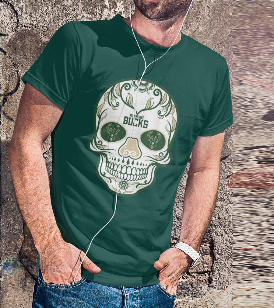 Milwaukee Bucks Skull Deer Logo Floral T-Shirt