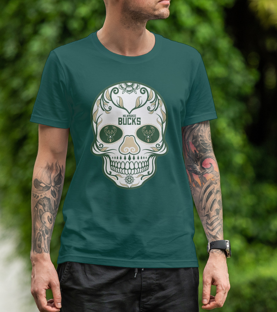 Milwaukee Bucks Skull Deer Logo Floral T-Shirt