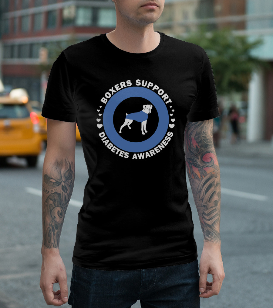 Boxers Support Diabetes Awareness With Heart Symbols And Boxer In Blue Circle T-Shirt
