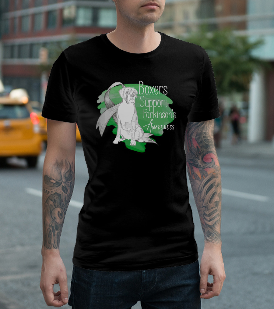 Boxers Support Parkinson's Awareness With Ribbon And Dog T-Shirt