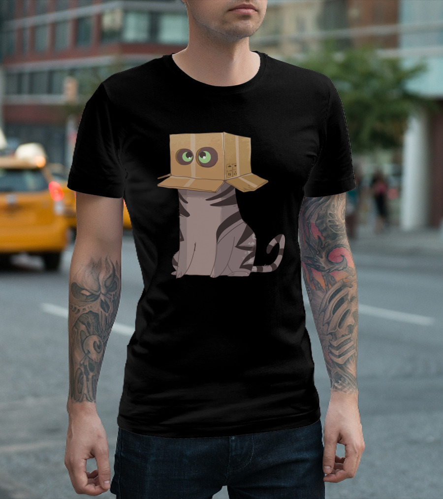Cat In The Box With Big Eyes Wearing Cardboard Hat T-Shirt