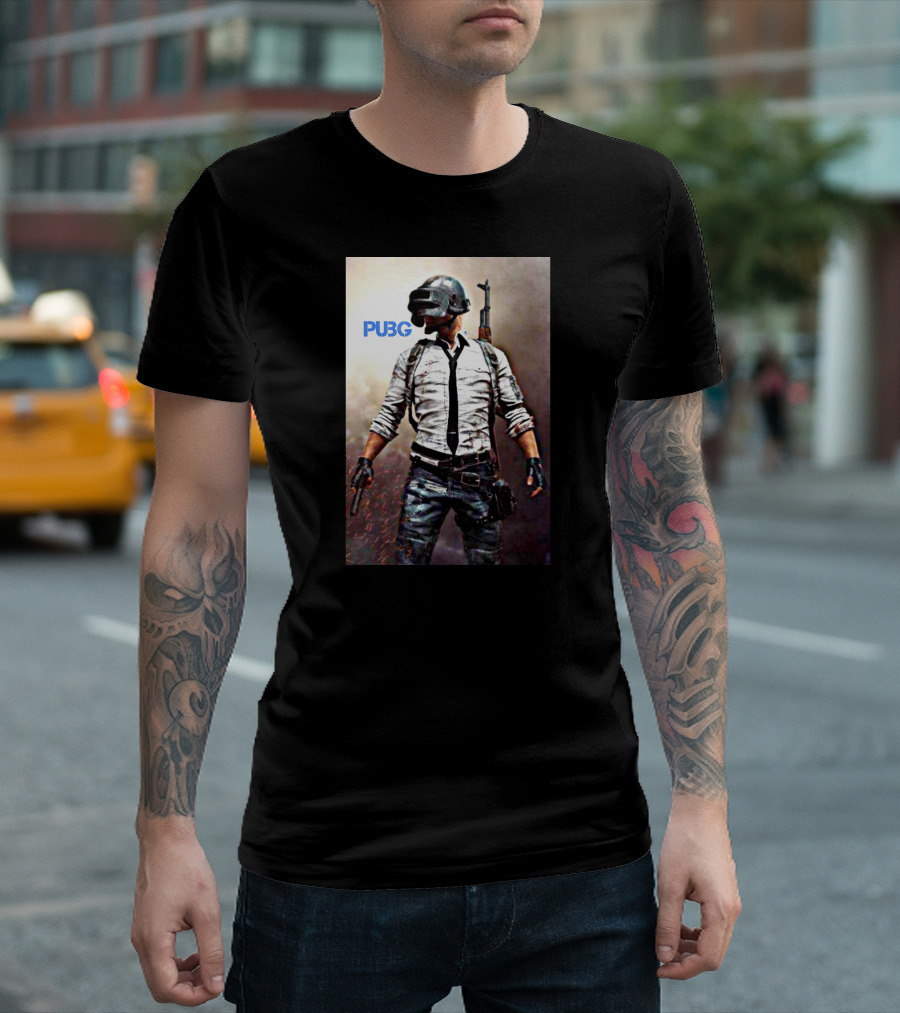 PUBG Battlegrounds Helmet Character With Gun And Tie T-Shirt