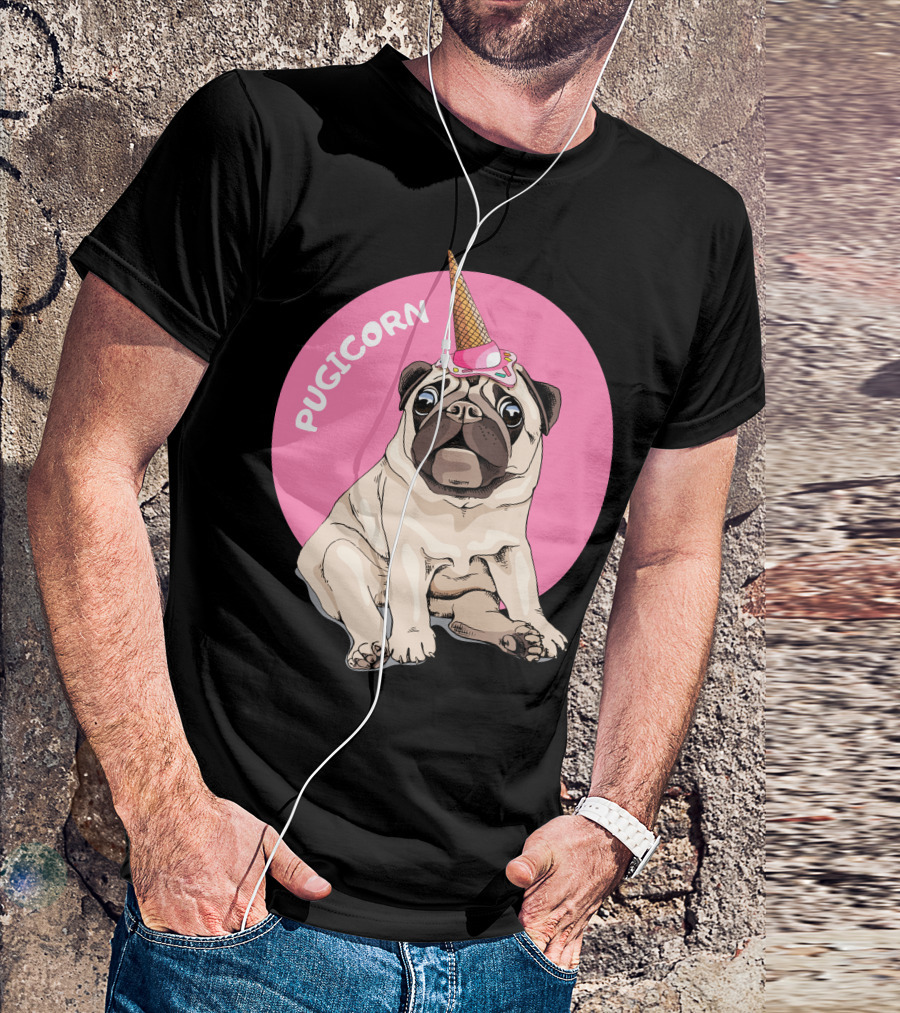 Pugicorn Ice Cream Cone Hat Sitting Pug Pink Circle T-Shirt