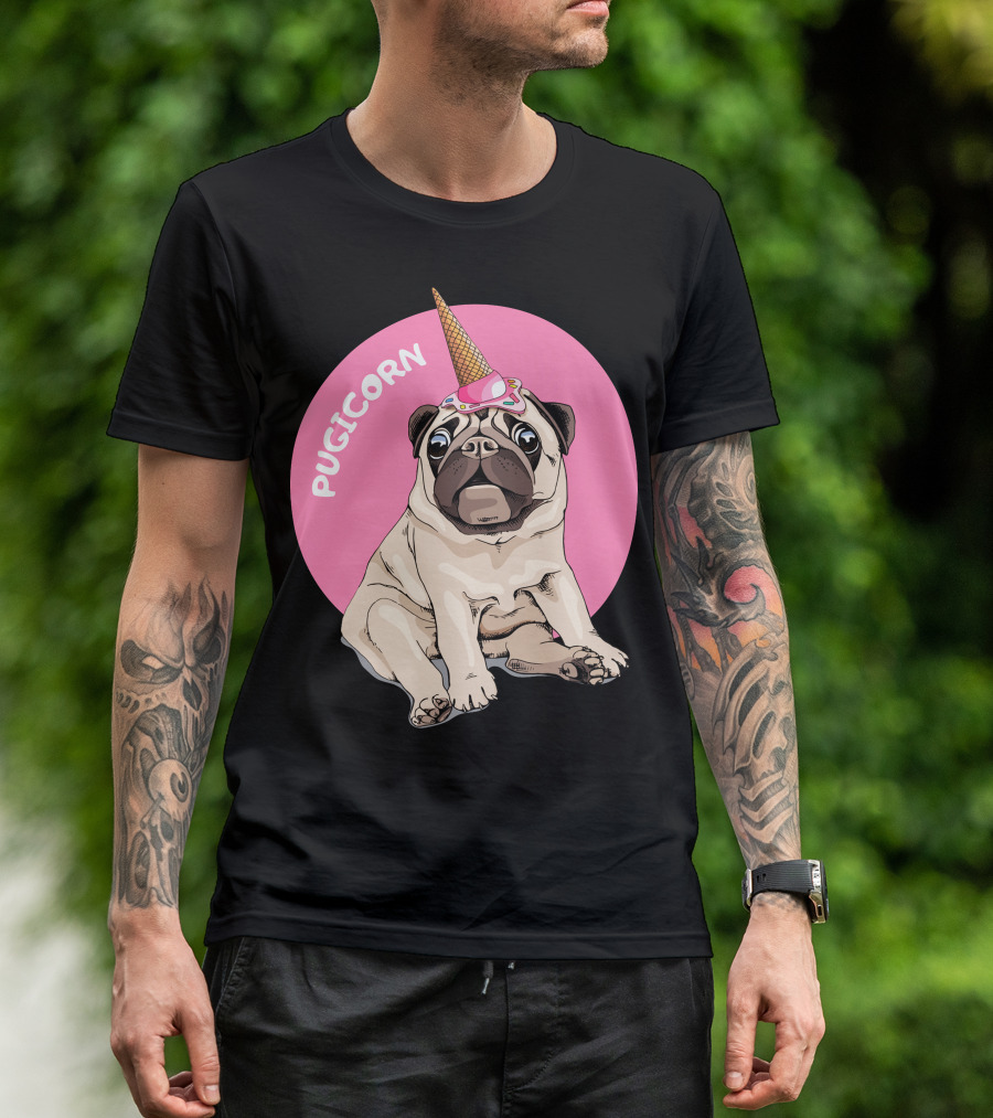 Pugicorn Ice Cream Cone Hat Sitting Pug Pink Circle T-Shirt