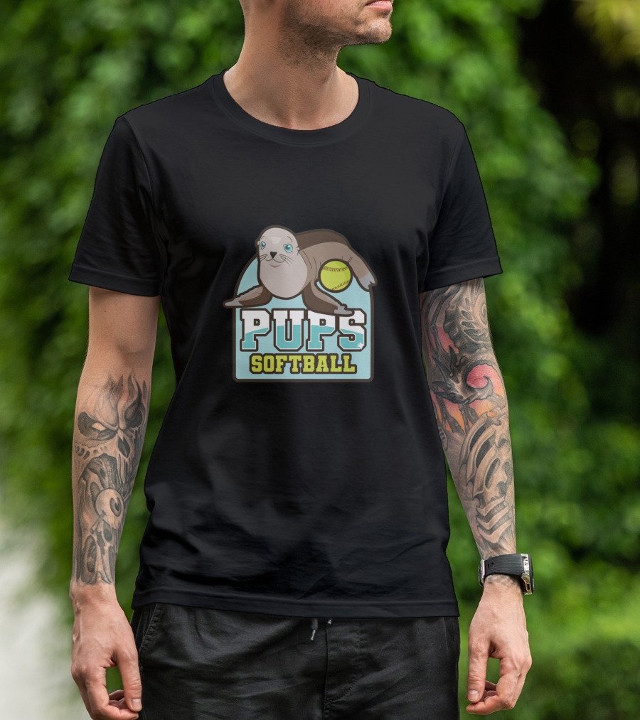 Pups Softball Seal With Yellow Ball T-Shirt