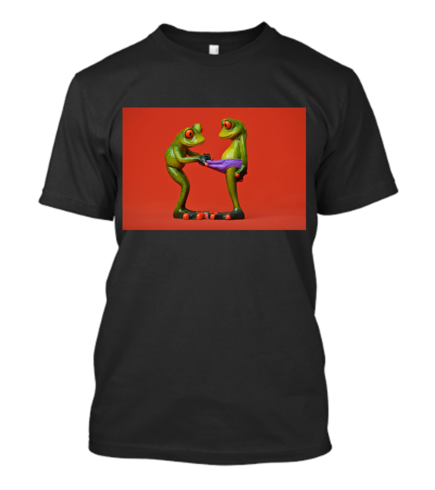 Quite Frog Green Figurines On Red Background With Purple Shorts T-Shirt