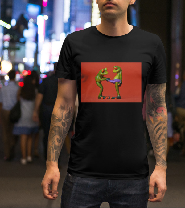Quite Frog Green Figurines On Red Background With Purple Shorts T-Shirt