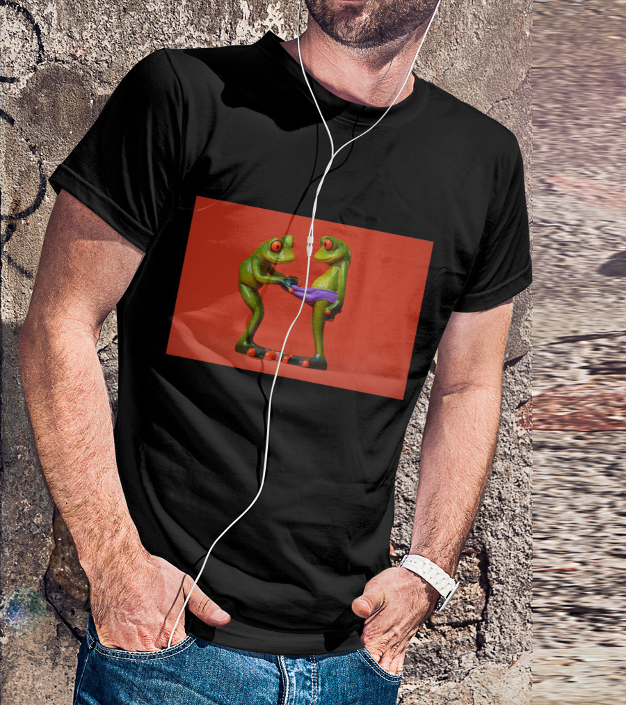Quite Frog Green Figurines On Red Background With Purple Shorts T-Shirt