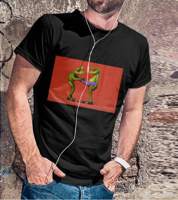 Quite Frog Green Figurines On Red Background With Purple Shorts T-Shirt