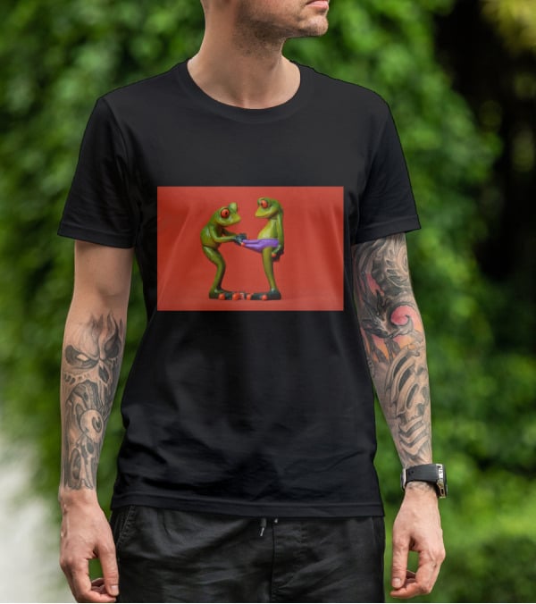 Quite Frog Green Figurines On Red Background With Purple Shorts T-Shirt