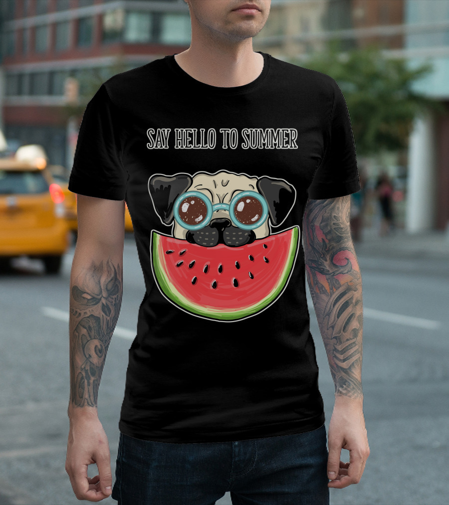 Say Hello To Summer Pug with Watermelon and Glasses T-Shirt