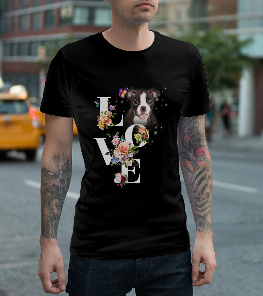 LOVE Boston Terrier Floral Butterfly T-Shirt