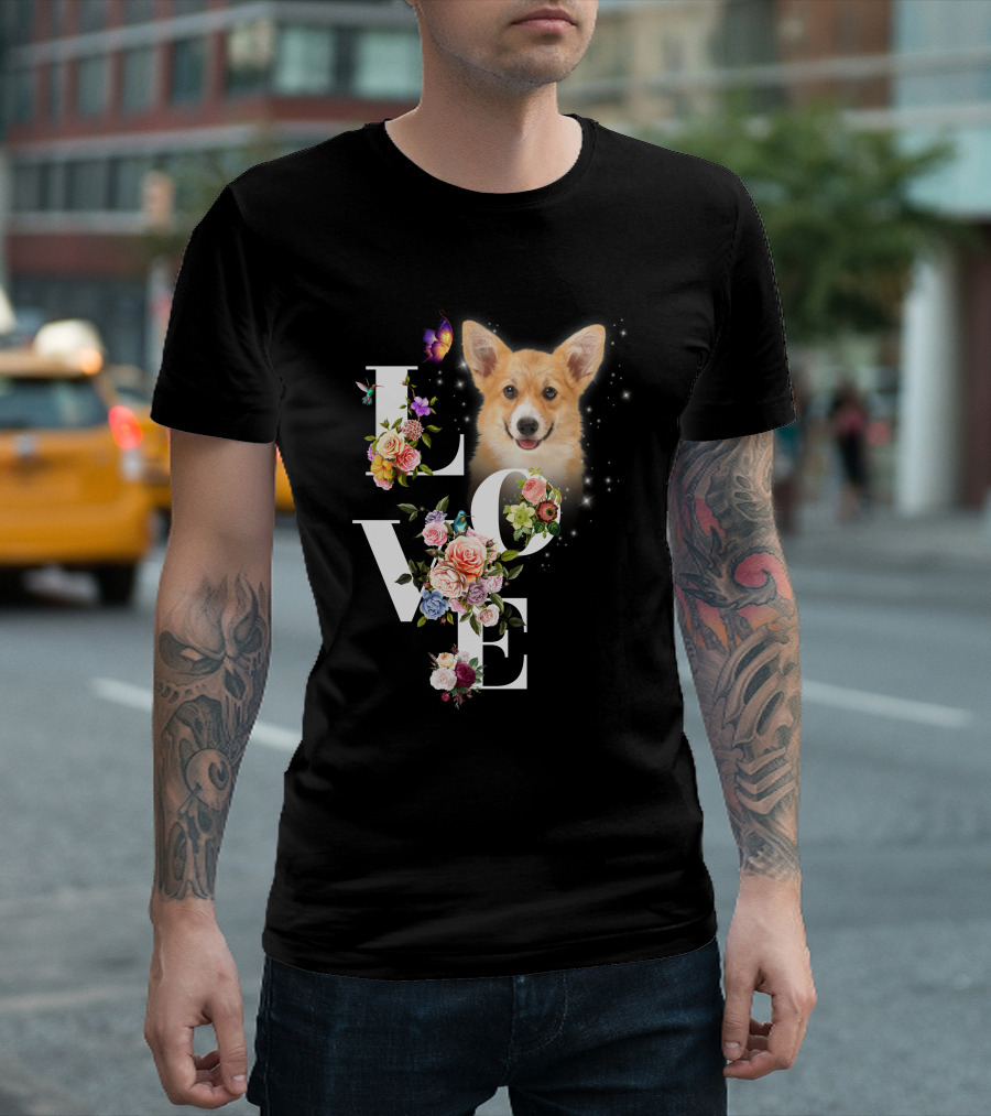 Love Corgi Floral Butterflies Sparkle T-Shirt