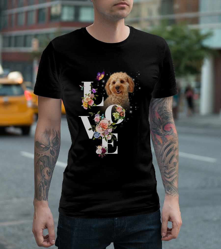 LOVE Goldendoodle Floral Butterfly Sparkle T-Shirt