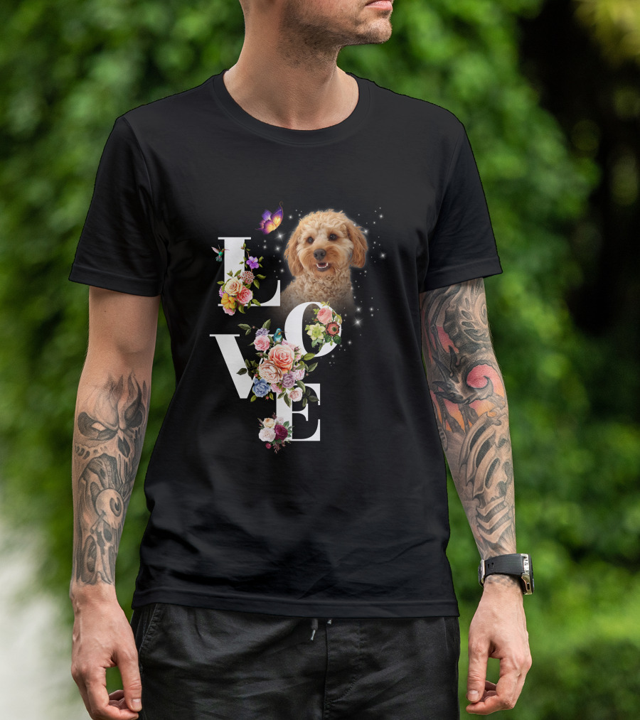 LOVE Goldendoodle Floral Butterfly Sparkle T-Shirt
