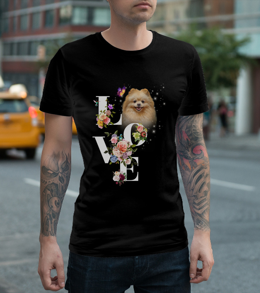LOVE Pomeranian with Flowers and Butterfly T-Shirt