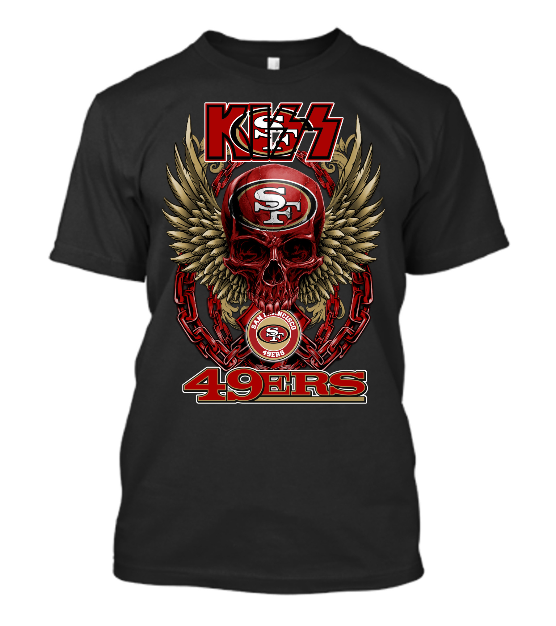Kiss Nfl San Francisco 49ers Skull With Wings And Chains Football Theme T-Shirt