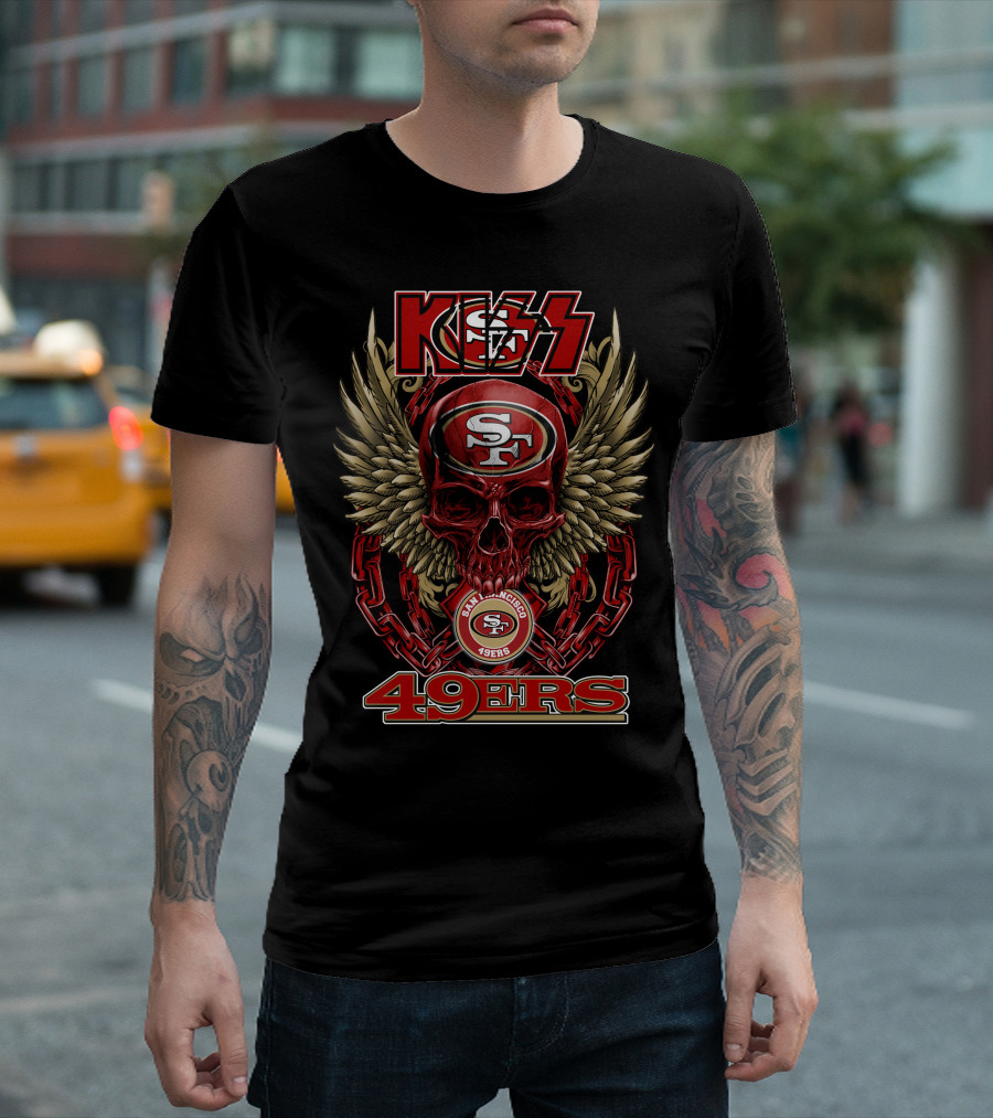 Kiss Nfl San Francisco 49ers Skull With Wings And Chains Football Theme T-Shirt