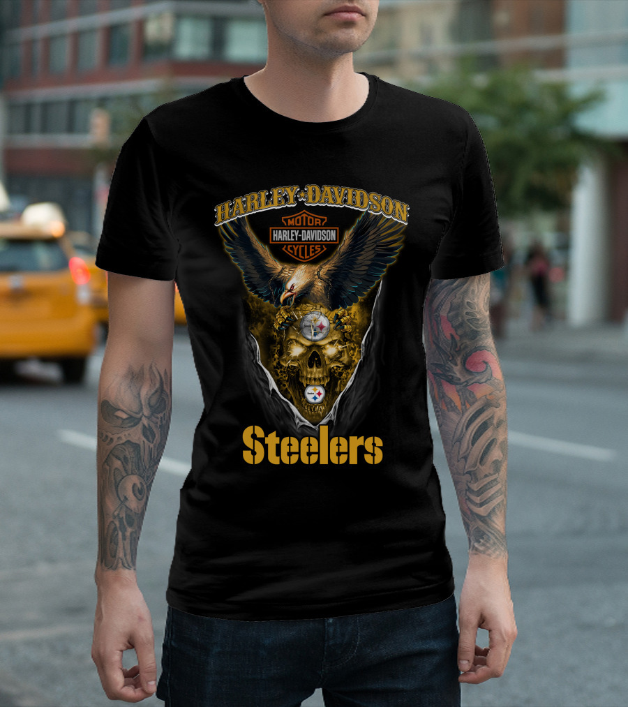 Harley Davidson Motor Cycles Pittsburgh Steelers Eagle Skull Nfl T-Shirt