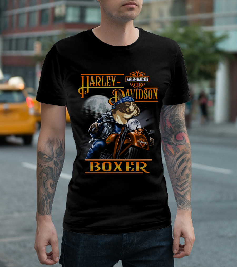 Harley Davidson Motorcycles Boxer Dog Riding Motorcycle Moon Scene T-Shirt
