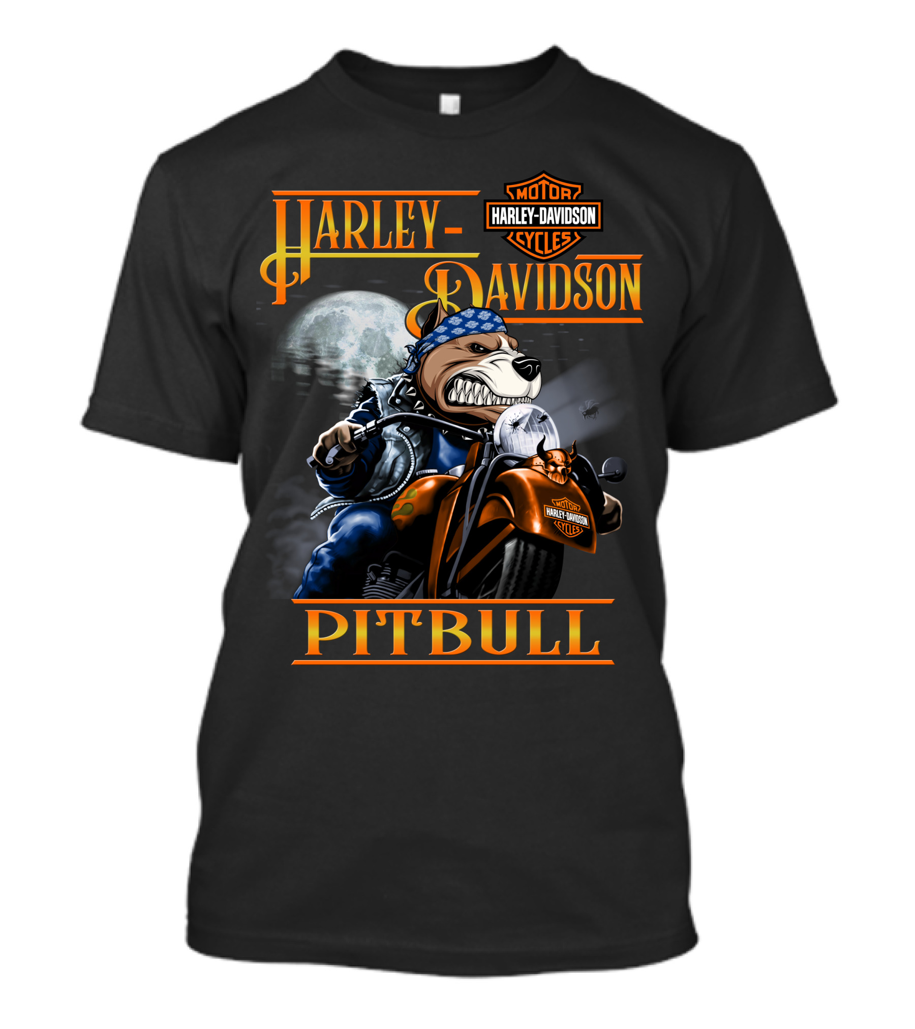 Harley Davidson Pitbull Motorcycle Rider Under Moonlight T-Shirt