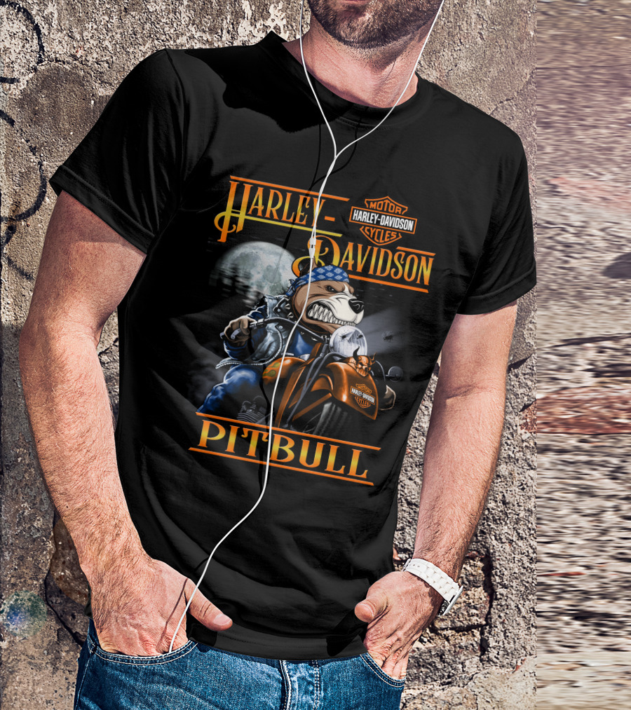 Harley Davidson Pitbull Motorcycle Rider Under Moonlight T-Shirt