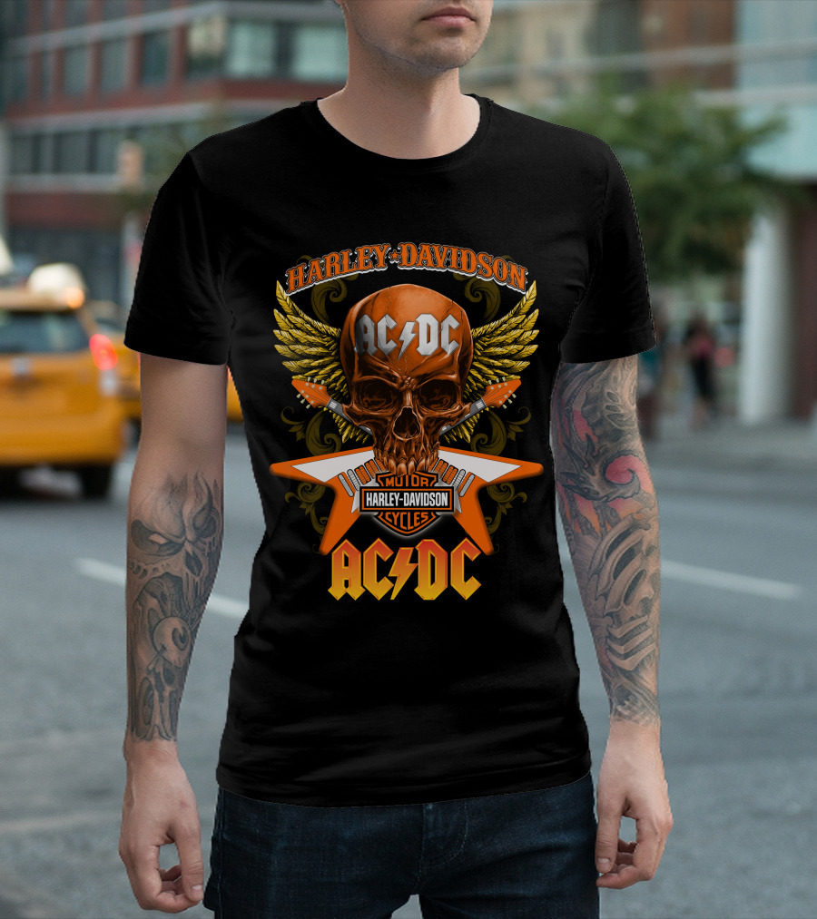 Harley Davidson Ac/Dc Motor Cycles Skull Wings T-Shirt
