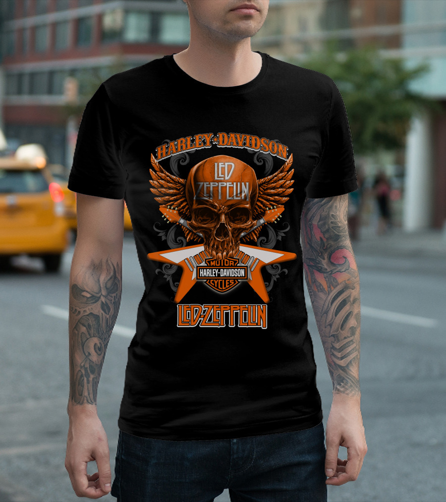 Harley Davidson Led Zeppelin Skull Wings Motorcycle Cycles T-Shirt