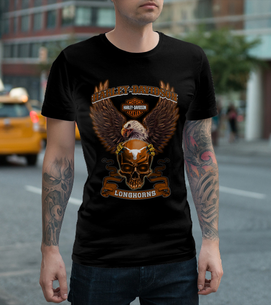 Harley Davidson Longhorns Texas Ncaa Bald Eagle Skull T-Shirt
