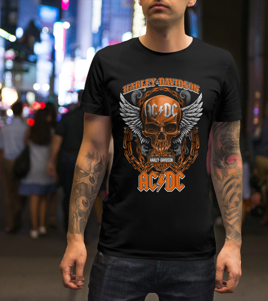 Harley Davidson Acdc Skull With Chains And Wings T-Shirt