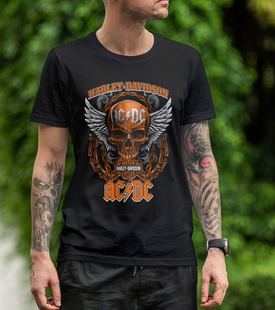Harley Davidson Acdc Skull With Chains And Wings T-Shirt
