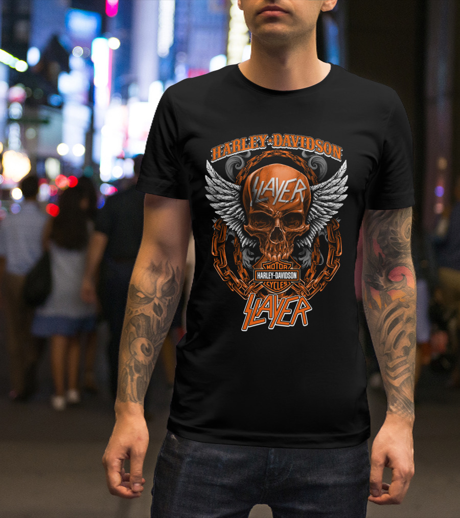 Harley Davidson Slayer Motor Cycles Skull Wings Chains T-Shirt