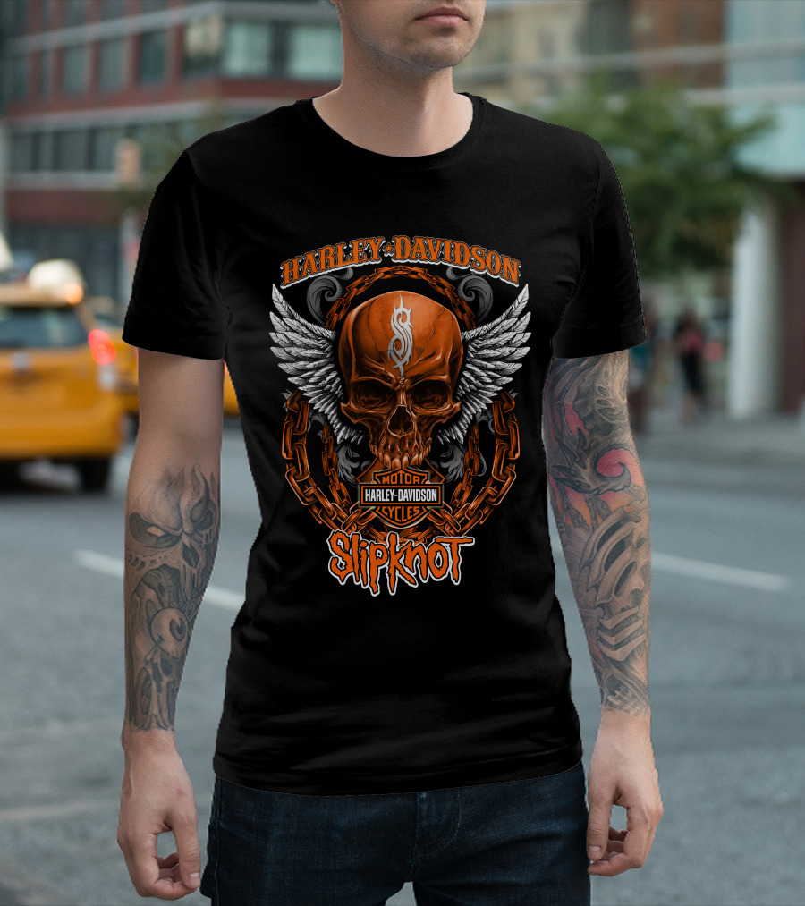 Harley Davidson Skull Wings Chains Slipknot Collaboration T-Shirt