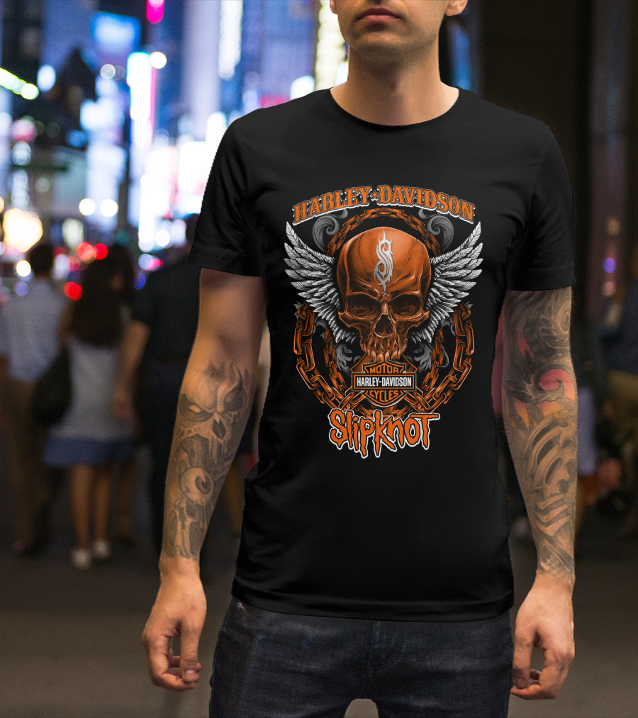 Harley Davidson Skull Wings Chains Slipknot Collaboration T-Shirt