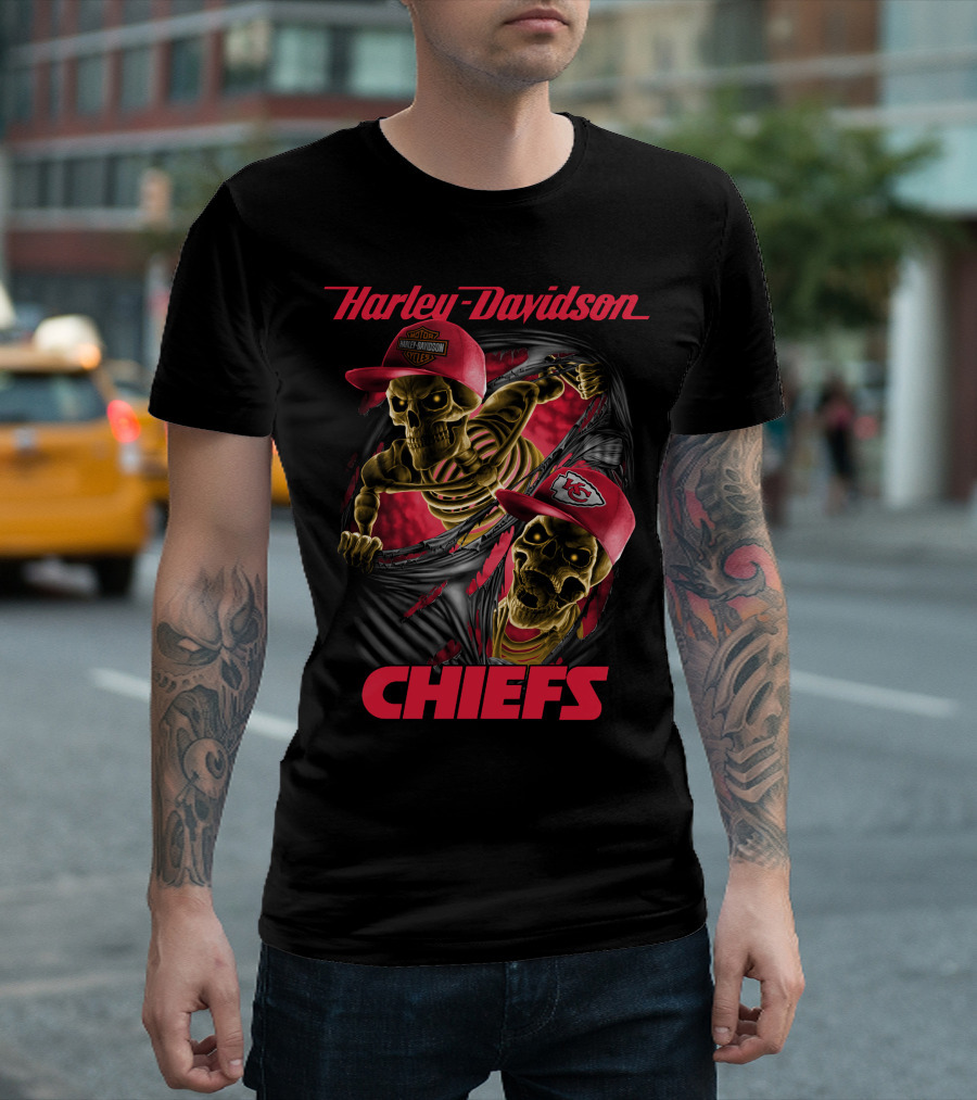 Harley Davidson Chiefs Kansas City Skeletons In Red Caps T-Shirt