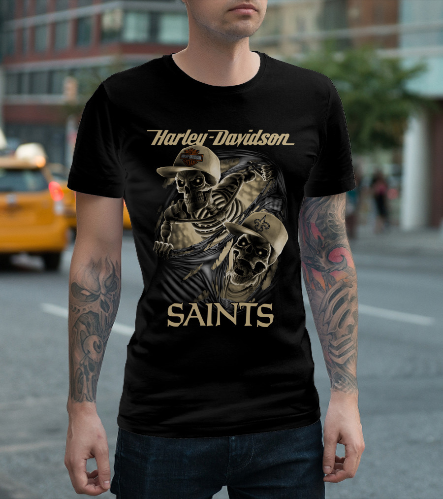 Harley Davidson New Orleans Saints Skeletons Nfl Style T-Shirt