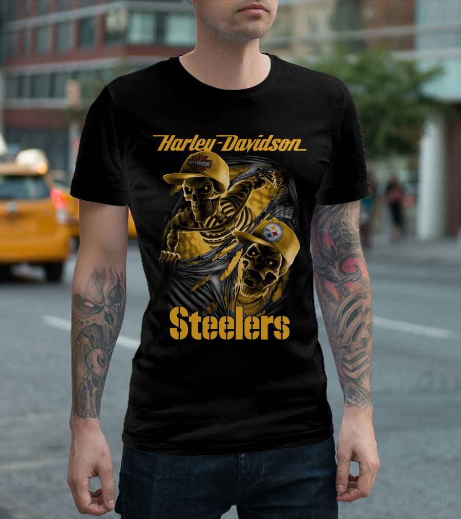 Harley Davidson Steelers Skeletons With Pittsburgh Steelers And Harley T-Shirt